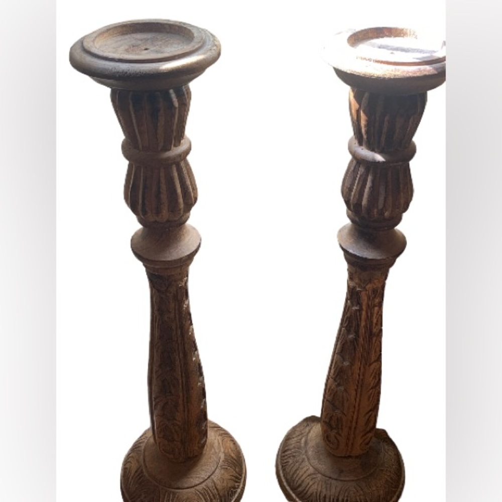 Pair Of Tall Wooden Candle Holders